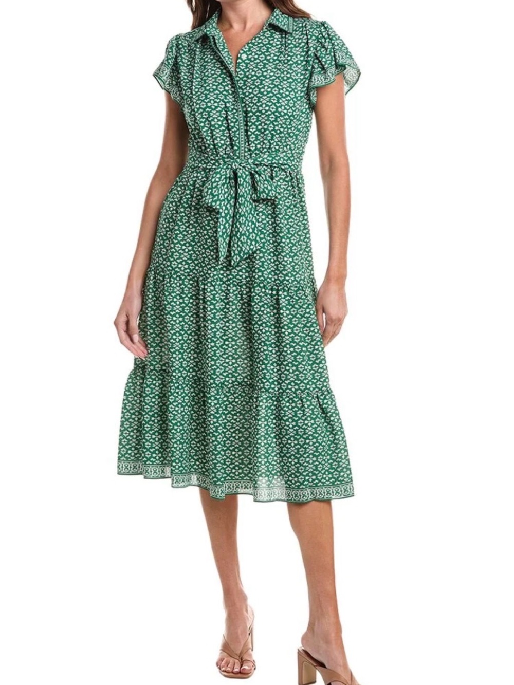 Max Studio Green Printed Tie-Waist Midi Dress with Collar